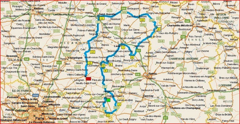 Carte itinéraire de visite de l'Aisne en Picardie