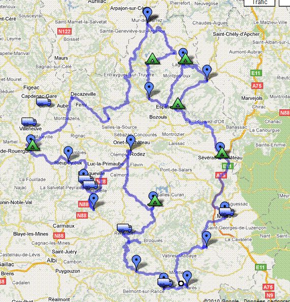 Carte de l'itinéraire de visite de l'Aveyron