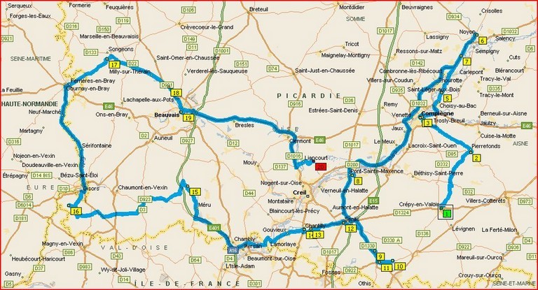 Carte itinéraire de visite de l'Oise enPicardie