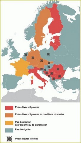 Carte des réglementations pneus hiver Europe